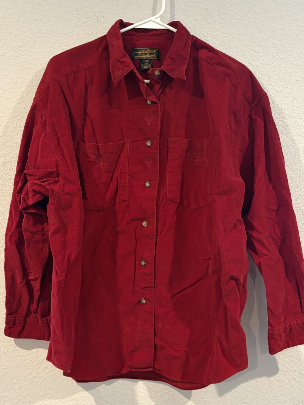 Eddie Bauer Vintage Womens 100% Cotton Red Embroidered Corduroy Long Sleeve L